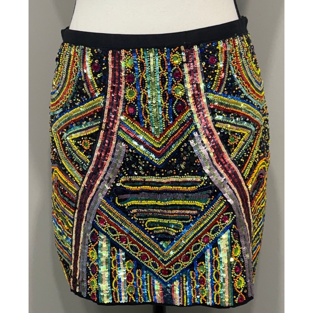 Raga Womens Large Aztec Sequin Mini Skirt Festival Bohemian-Eclectic Art Deco